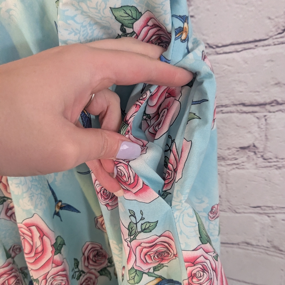 Hell Bunny Vixen Blue Floral Skirt With Birds - Picture 5 of 7